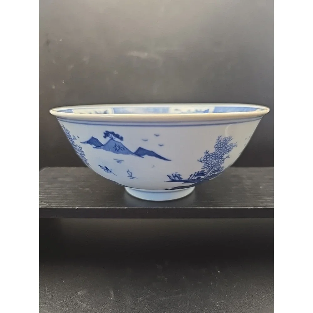 Chinese Fine Blue And White China Bowl W/ Chinese Payados, Mountains, Trees 6.5